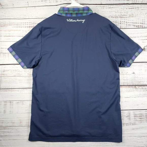 William Murray Golf Polo Mens Large Navy Stretch Plaid Trim Performance Shirt - Picture 2 of 8